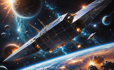 Poster - a space ship is flying through space with a planet in the background. the ship is surrounded by many