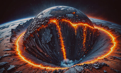 Poster - a fiery volcano with a heart shaped crater. the lava is orange and the rocks are black. the volcano 
