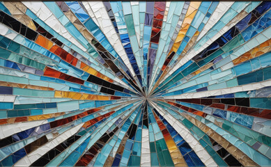Poster - A colorful mosaic piece with blue, red, and yellow tiles. The piece is a large, circular design with a blue center and a white rim. The colors are bright and vibrant, creating a sense of energy