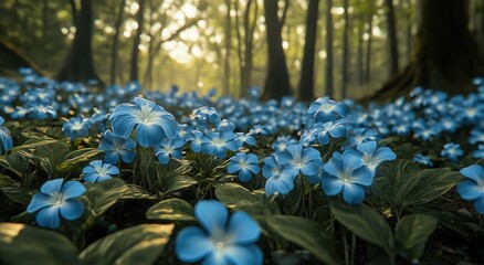 Wall Mural - A field of blue flowers in the forest, each flower is shaped like an adorable little star with white dots and green leaves at its base