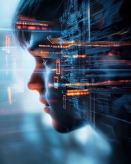 Fototapete - Abstract visual of internet user, showcasing digital data and technology. image captures young person immersed in virtual world, symbolizing connectivity and information flow