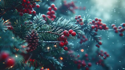 close-up of a pine tree branch with bright red berries, suitable for winter or holiday-themed design