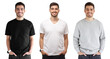 © Damir Khabirov - Collage of three looks of young man, mock-up of white and black t-shirts and blank gray sweatshirt with copy space for your logo
