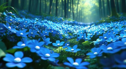 Wall Mural - A field of blue flowers in the forest, they have white petals and green leaves at their core