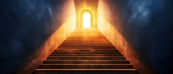 Poster - Ethereal Staircase Leading to a Bright Open Doorway Illuminated by Golden Light in a Darkened Space Signifying Hope, Possibility, and New Beginnings