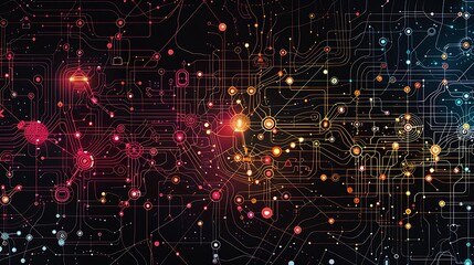 Poster - A vibrant abstract representation of interconnected nodes and lines, symbolizing technology and data flow.