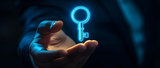 Poster - Hand Reaching Out with Digital Key Icon Representing Access Control and Security in a Modern Technological Environment at Night