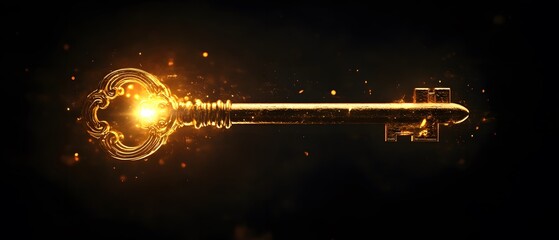 Aufkleber - A Radiant Golden Key Illuminated by Magical Light against a Dark Background, Symbolizing Opportunities and Mysteries Yet to be Unlocked