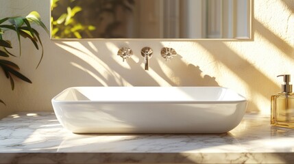 Poster - A bathroom sink sits under a mirror next to a potted plant