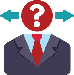Poster - businessman is deciding between two options represented by arrows pointing to his head which is a qu