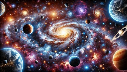 Wall Mural - starry night cosmos - a swirling galaxy of light and dark, a celestial dance of planets and nebulae