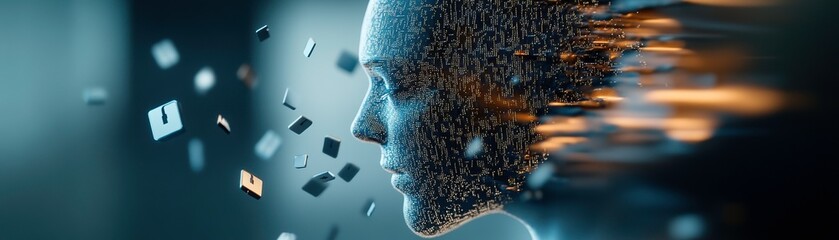 Poster - futuristic human figure made of pixels, symbolizing digital transformation and technology. image evokes sense of innovation and merging of humanity with digital elements