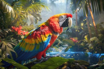 Wall Mural - A colorful parrot perched on the top of a tree branch, looking around