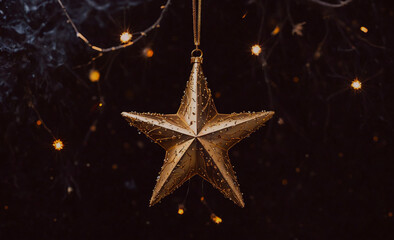 Poster - A gold star is hanging from a string of lights. The star is surrounded by a dark background, which creates a sense of mystery and intrigue. The lights shining on the star add a warm and inviting glow