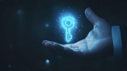 Poster - Digital Key Concept with Glowing Symbol Transforming Hands in a Dark Background, Symbolizing Security, Access, and Technology in Modern World