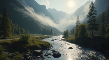 Wall Mural - Serene landscape with river and mountains