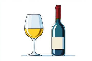 Aufkleber - A flat 2D illustration of a wine bottle and glass with bold, clean colors on a white background