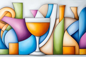 Poster - A simple abstract depiction of a cocktail glass with bold geometric shapes and vibrant colors