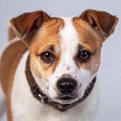 a high-resolution ultrarealistic image captures a small dog of dynamic brown and white fur, with an 