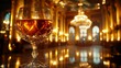 © ThuyTrang - A macro shot of a sparkling crystal liqueur glass with reflections of an opulent interior, featuring gold chandeliers and marble columns, the liquid glowing with a rich, warm hue,
