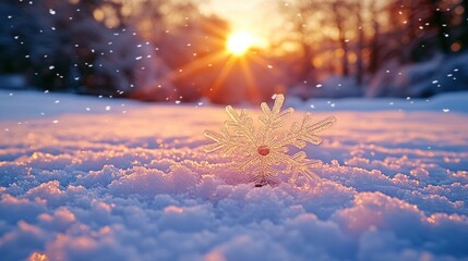 Canvas Print - Crystal snowflake in snowy winter sunset.