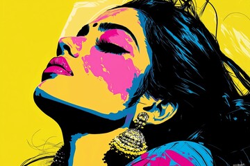 Poster - indian woman, simple block print bright yellow background, pink magenta purple blue green black white, simple, minimalistic, elegant