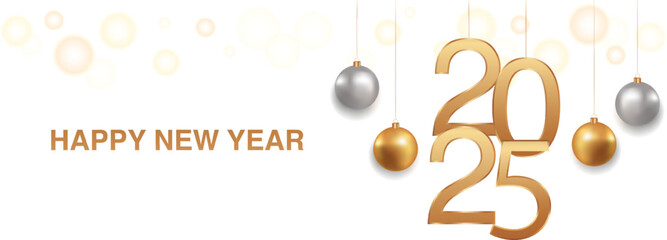Poster - Happy New Year 2025 background. Golden numbers and Christmas decoration with shiny lights in transparent background. Holiday background. Vector EPS 10