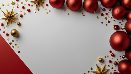 Wall Mural - Top view of a vibrant red empty sheet of paper surrounded by festive Christmas decorations, including red ornaments, candles, wrapped gifts, and scattered confetti, all arranged on a clean white table