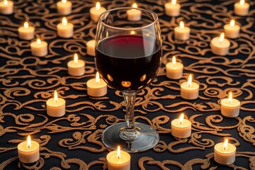 Poster - Alcohol in a gothic chalice, filled with dark red liquid and surrounded by candlelight and intricate gothic designs