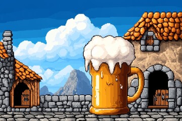 Aufkleber - Alcohol in pixel art form, showing a retro beer mug with foam bubbles and a small tavern scene in 8-bit style
