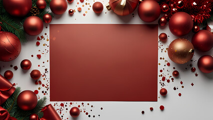 Wall Mural - Top view of a vibrant red empty sheet of paper surrounded by festive Christmas decorations, including red ornaments, candles, wrapped gifts, and scattered confetti, all arranged on a clean white table