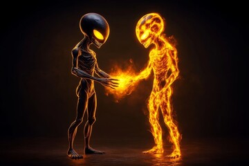 Alien communicating telepathically with a human, their glowing auras intersecting in a dark room