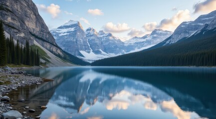 Wall Mural - Serene mountain lake view at dawn