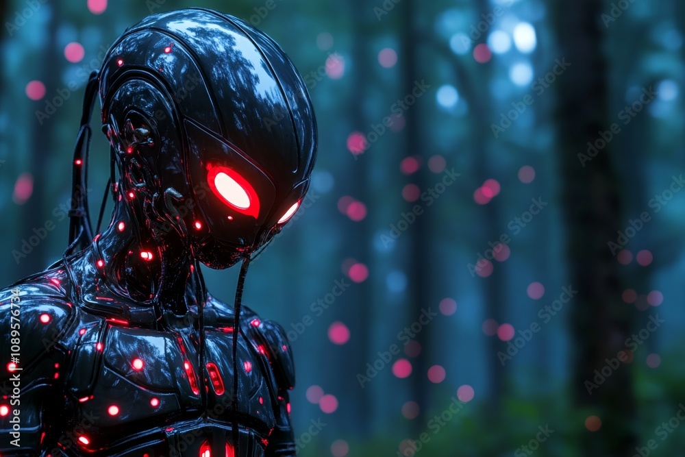 Alien in a dark, Gothic setting, with glowing red eyes and an eerie ...