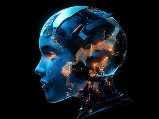 Aufkleber - Futuristic Portrait of a Cybernetic Human with Neon Circuitry and Luminous Elements Representing Technology, AI, and Innovation in a Dark Setting