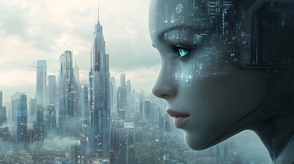 Poster - Futuristic Cityscape with Humanoid Robot Gazing at Urban Skyline Under Cloudy Sky, Showcasing Advanced Technology and Urban Development Vision