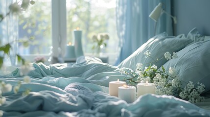 Canvas Print - A serene bedroom scene with soft blue bedding, candles, and flowers, creating a calming and inviting atmosphere.