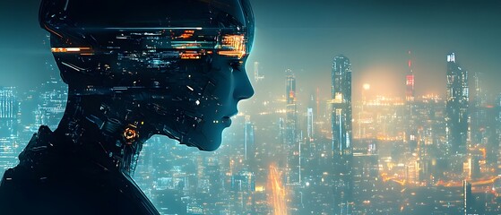 Poster - Futuristic Cybernetic Woman Silhouette Against a Vibrant Cityscape at Night, Merging Technology and Humanity in a Dazzling Urban Environment