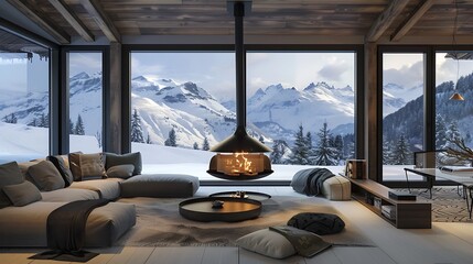 Canvas Print - A cozy modern living room with a fireplace, large windows showcasing snowy mountains.