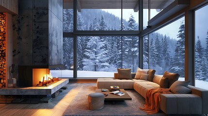 Canvas Print - A cozy living room with a fireplace, surrounded by snowy trees, creating a warm atmosphere for relaxation.