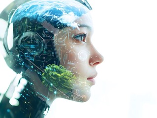 Aufkleber - Futuristic Female Robot with Earth Overlay Symbolizing Technology and Nature Integration in Digital World for Environmental Sustainability Concepts