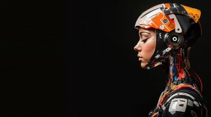 Aufkleber - Photo of a female humanoid robot with an open helmet, showing its head and shoulders against a black background.