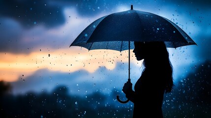 Poster - Woman Silhouette Holding Umbrella in Rain with Dramatic Clouds and Sunset Colors in Background Creating Poignant Atmosphere and Evoking Strong Emotions
