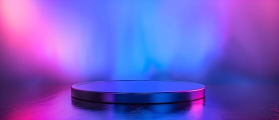 Poster - Circular Display Stand on Reflective Surface with Colorful Neon Lighting in Blue and Purple Hues for Showcase of Products or Artworks