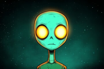 Poster - Alien head drawn with simple shapes and large glowing eyes against a plain dark background