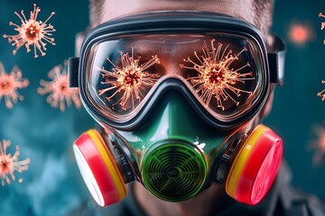 Aufkleber - Allergies in a futuristic world shown with a person wearing a glowing filtration mask, with holographic pollen particles floating around them