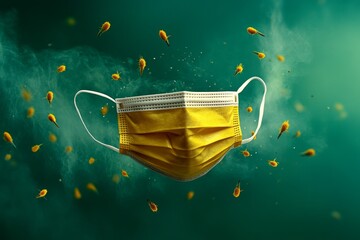 Aufkleber - Allergies visualized by a simple mask icon surrounded by abstract pollen and dust shapes