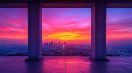 Canvas Print - Vibrant sunset cityscape viewed through pillars.