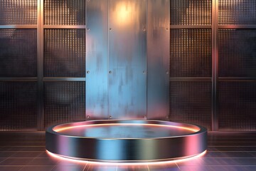 Poster - Futuristic Stage with Metallic Background and Colorful Neon Lights Ideal for Presentations, Events, and Creative Displays in Modern Settings