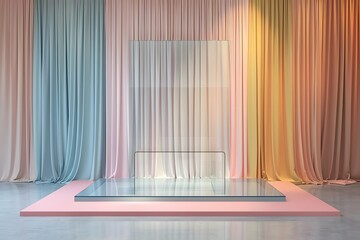 Aufkleber - Stunning Minimalist Display with Soft Color Drapes and Glossy Glass Showcase in Contemporary Interior Design Setting, Perfect for Product Presentation or Artistic Installations
